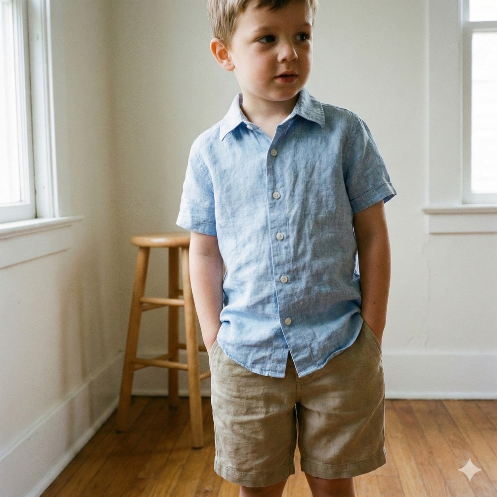 Reiss Linen Shirt Boys 5-6Y Blue‎ Button Up Short Sleeve Beachy Preppy